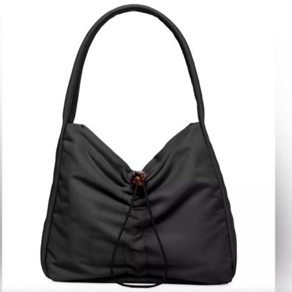 STAUD Felix Shoulder Bag Nylon Leather Trimmed Ruched Shell Tote Logo Zip Pocket - Picture 5 of 16